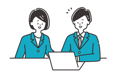 仕事を教える・デスクで会話をするビジネスパーソン（スーツの男性女性）のイラスト素材