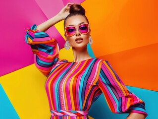 fashion woman colorful, the bold eclectic fashion styles of the Y2K era. dressed in the latest fashion trends of the time, including chunky shoes, low-rise pants, crop tops, and oversized sunglasses