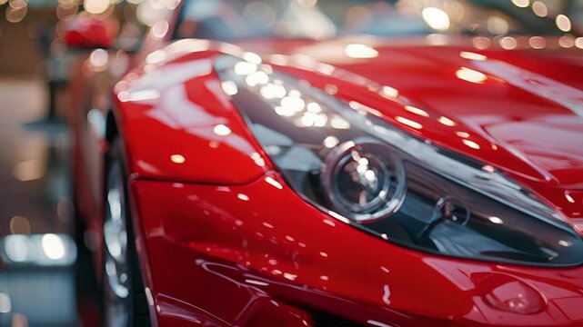 A glossy red sports car with sleek lines and a chrome grille detailed headlights and a tiny emblem on the hood.