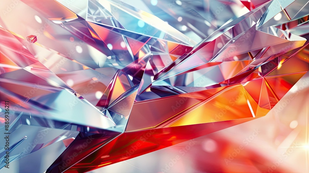 Poster dynamic 3d design with colorful geometric patterns and blurred glass crystals