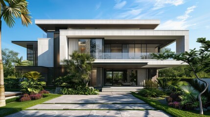 Front view of a modern luxury villa with a minimalist design and lush garden