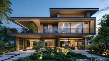 Fototapeta premium Front view of a modern luxury villa with a minimalist design and lush garden