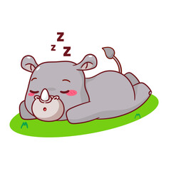 Cute Rhino Sleeping Cartoon Vector Illustration. Adorable Kawaii Animal Character Icon Mascot Concept Design. Isolated White Background.