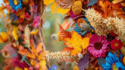 Part of a colorful wedding arch of autumn leaves flowers and cereal ears