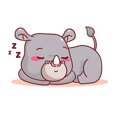 Cute Rhino Sleeping Cartoon Vector Illustration. Adorable Kawaii Animal Character Icon Mascot Concept Design. Isolated White Background.