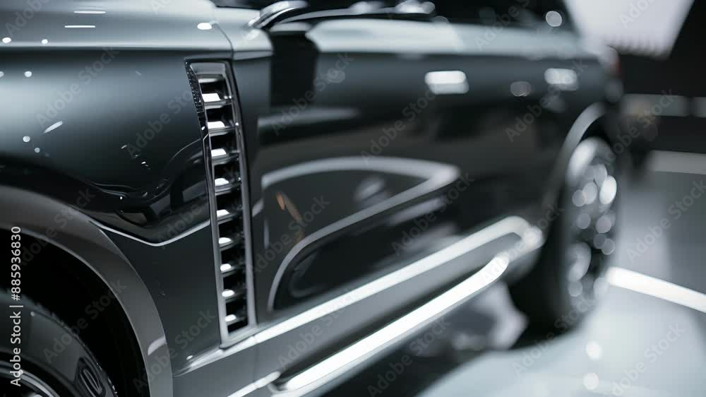 Poster a side view of a model suv showcasing the chrome details and intricate door handle design.