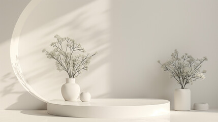 White Marble Podium with Flowers in a Spotlight
