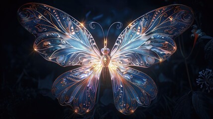 Enchanting fairy wings adorned with intricate patterns, glowing softly in the darkness, radiating an otherworldly charm that transports viewers to a realm of fantasy and magic.