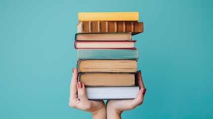 Stack of books held by hands, placed against a pastel blue background