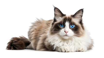 A bicolor Ragdoll cat with a distinctive V-shaped white patch on its face, gazing calmly isolated on white background