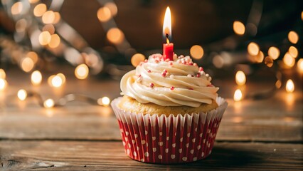 Festive Birthday Cupcake: Candlelit, Pink Frosting, and Decadent Sweet Treat for Special Occasions