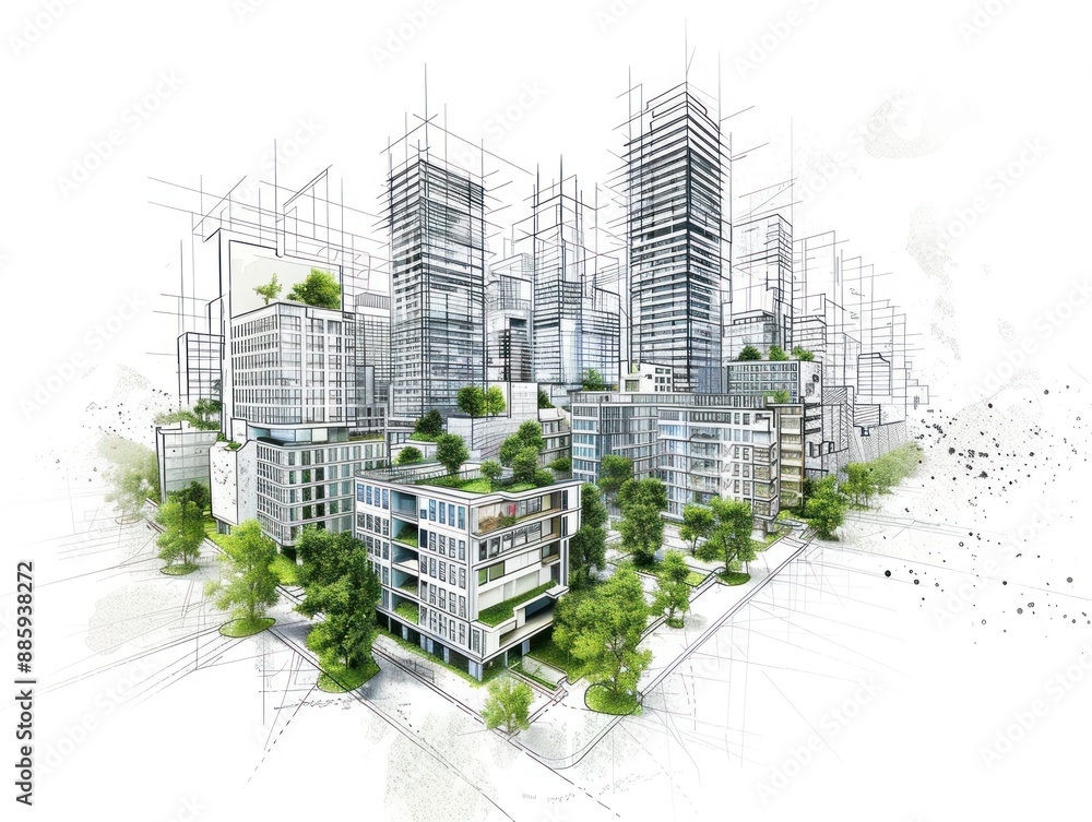 Aufkleber drawing 3d architecture city building sketch lines with green tree on white background