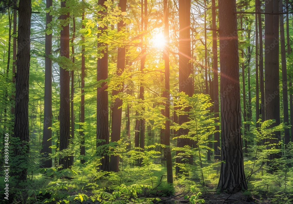 Wall mural sunlight filtering through spring forest