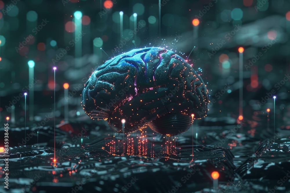 Poster artificial intelligence brain floating over computer motherboard circuit board sending and receiving