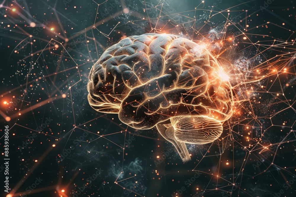 Poster 3d rendering of a human brain glowing with network connections showing artificial intelligence