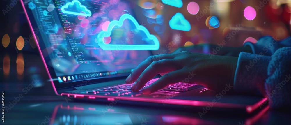 Poster hand typing on laptop with connection cloud computing data transfer