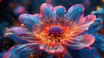 Close-up futuristic neon flower design with a vibrant