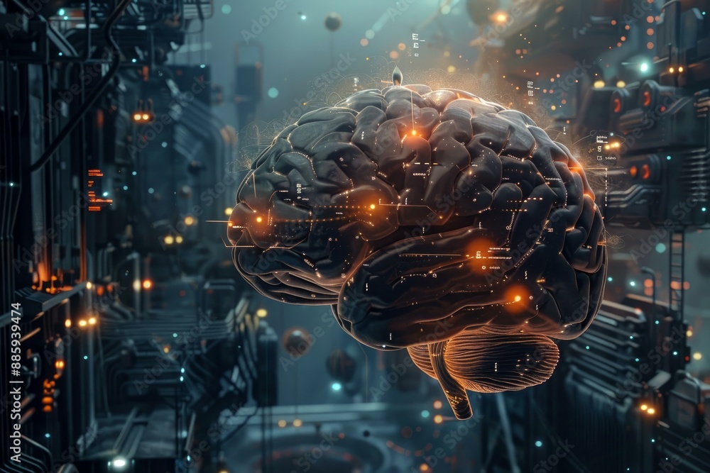 Poster 3d render of a human brain with glowing circuits, symbolizing the power and potential of artificial 
