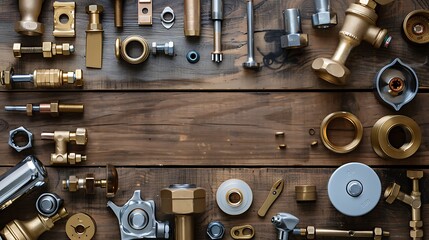 Plumbing tools and accessories on wooden table top view