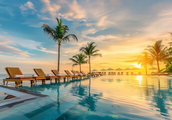 Obraz premium Tropical Sunset Poolside Paradise