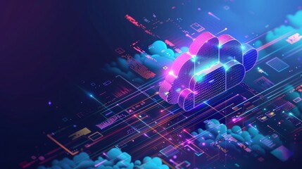 Isometric big data neon light cloud computing futuristic technology