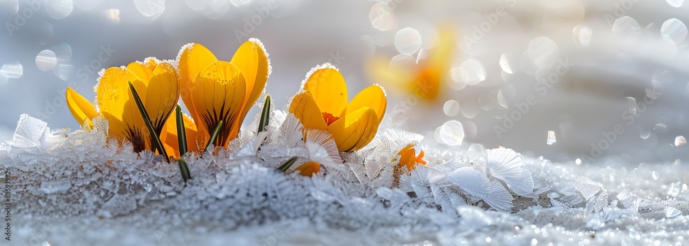 Poster Yellow Crocuses Bloom Through Winter Snow