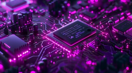 Processor processing data CPU chip in purple colour circuit data flowing computer and technology related
