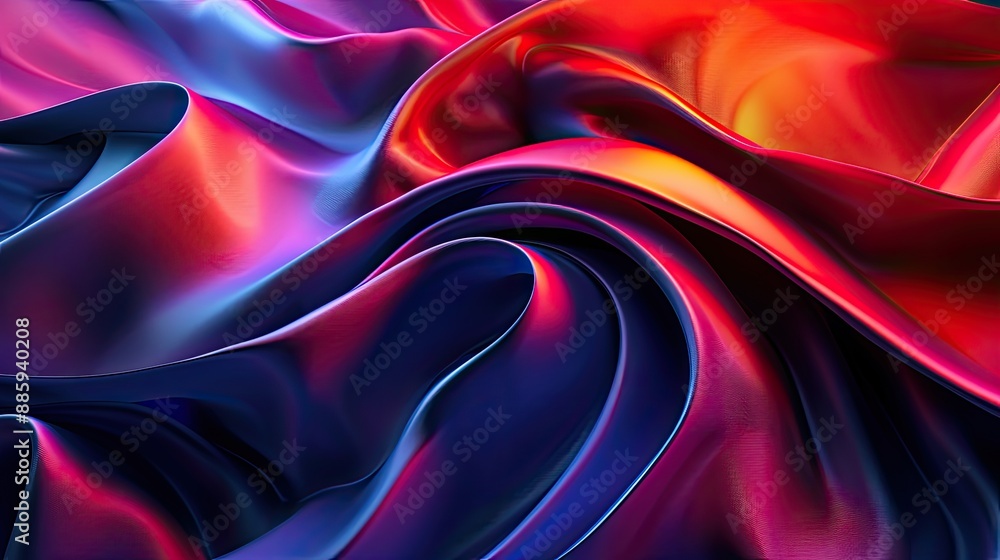 Wall mural Curvy Blue Surfaces. Modern Abstract 3D Background. abstract dark red neon background with layers of silk folded drapery