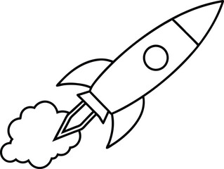 Rocket launch line art element, rocket with Smoke silhouette black and white illustration

