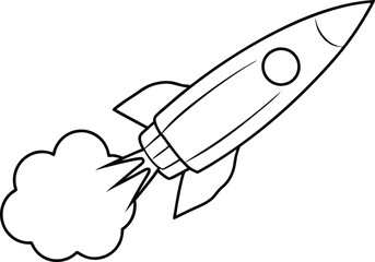 Rocket launch line art element, rocket with Smoke silhouette black and white illustration
