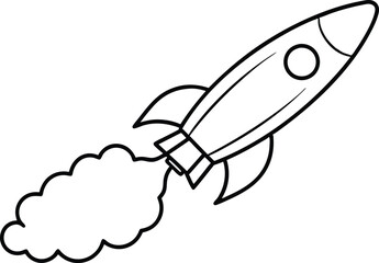Rocket launch line art element, rocket with Smoke silhouette black and white illustration
