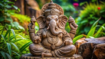 Fototapeta premium From a unique tilted angle, an intricately carved elegant Ganesha deity stone statue sits serenely, exuding tranquility and wisdom, amidst subtle natural textures.