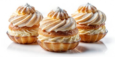 Delicate cream-filled profiterole pastry balls on a transparent background, individually isolated with soft focus and subtle shadows, showcasing culinary elegance and sweet indulgence.