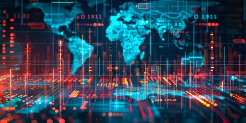 Global Economic Tangle: Interwoven Data Analysis and Financial Charts with a World Map Reflecting Global Financial Trends and Data-Driven Insights