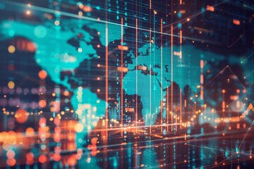 Obraz premium Global Economic Tangle: Interwoven Data Analysis and Financial Charts with a World Map Reflecting Global Financial Trends and Data-Driven Insights