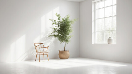 Minimalist Elegance Visualize a serene studio setting with a blank white wall and floor, bathed in natural light