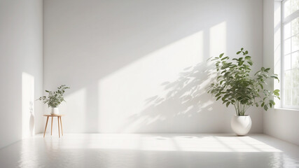Fototapeta premium Minimalist Elegance Visualize a serene studio setting with a blank white wall and floor, bathed in natural light