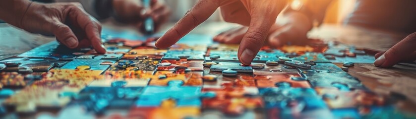 Obraz premium A group of people are working on a jigsaw puzzle together