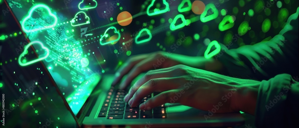 Poster hand typing on laptop with connection cloud computing data transfer