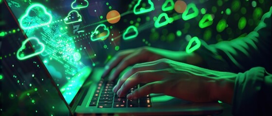 Hand typing on laptop with connection cloud computing data transfer