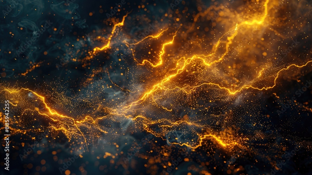 Wall mural experience the awe-inspiring display of vibrant golden lightning energy pulsating against the dynami