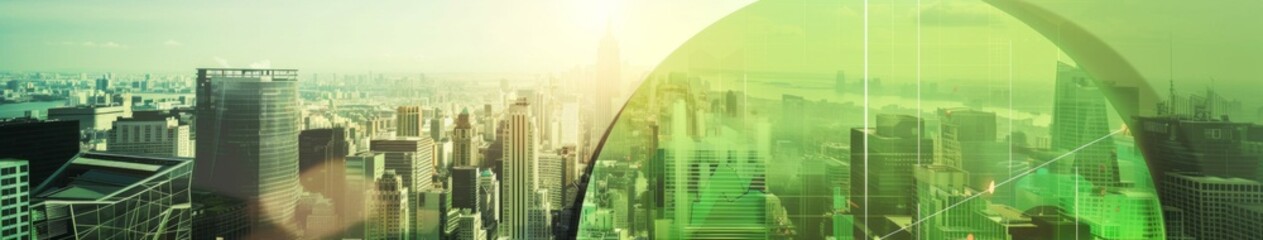 Fototapeta premium Green Pie Charts Overlaying Urban Landscape Symbolize Social Research, Community Analysis, and Data-Driven Insights in City Planning