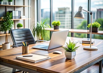 Fototapeta premium Modern desk with sleek laptop, professional documents, and stylish decor, conveying a sense of organization and efficiency in a corporate workspace setting.