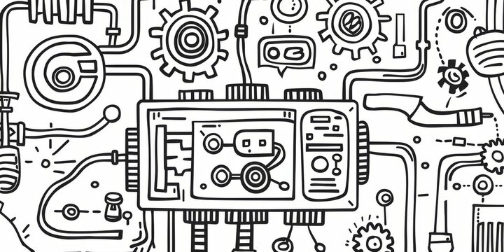The Art of Coding: A Hand-Drawn Doodle of a Geared Machine Symbolizing the Concept of Functions in Programming, Ideal for Illustrating Software Development and Algorithm Concepts.