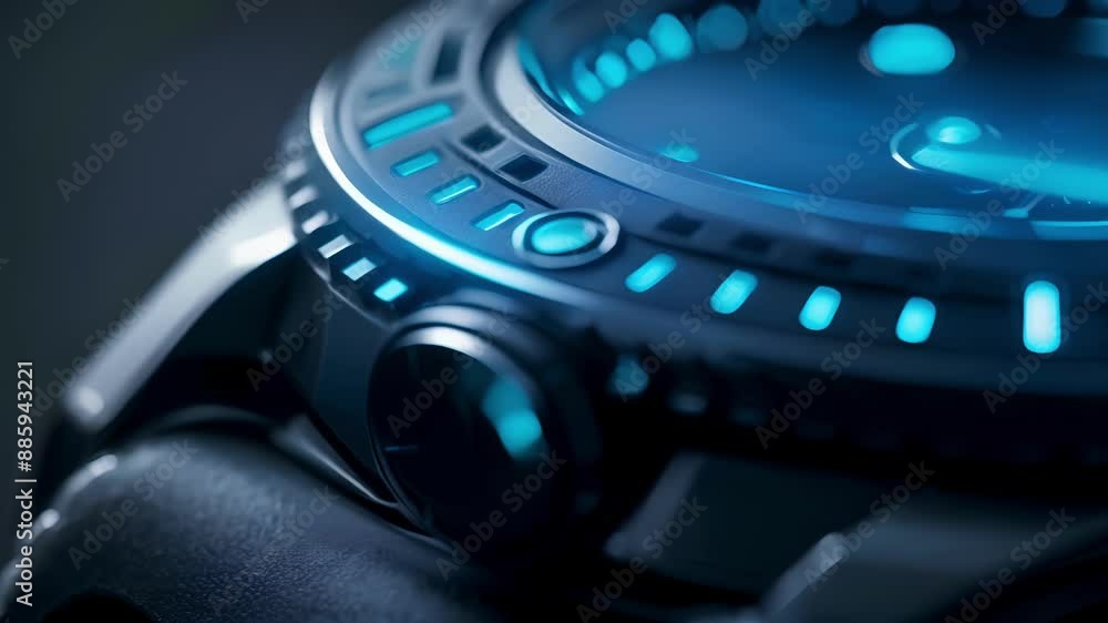 Poster an upclose view of a dive watch with a unidirectional rotating bezel luminescent markers and a water