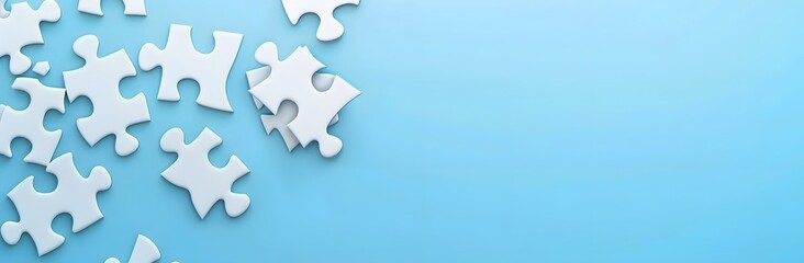 Fototapeta premium White Puzzle Pieces on Blue Background with Copy Space