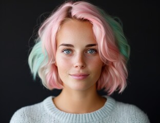 portrait of woman with pink and green hair