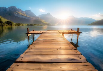 Obraz premium Wooden Dock Over Tranquil Lake With Mountain Background