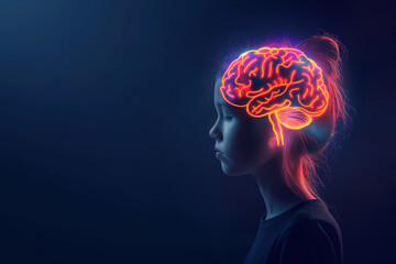 Fototapeta premium Side view of a little girl with glowing brain on dark blue background, banner design with copy space
