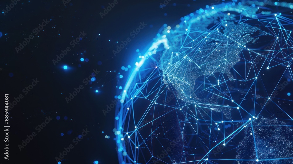 Poster futuristic globe with abstract connected lines and blue neon color on dark background